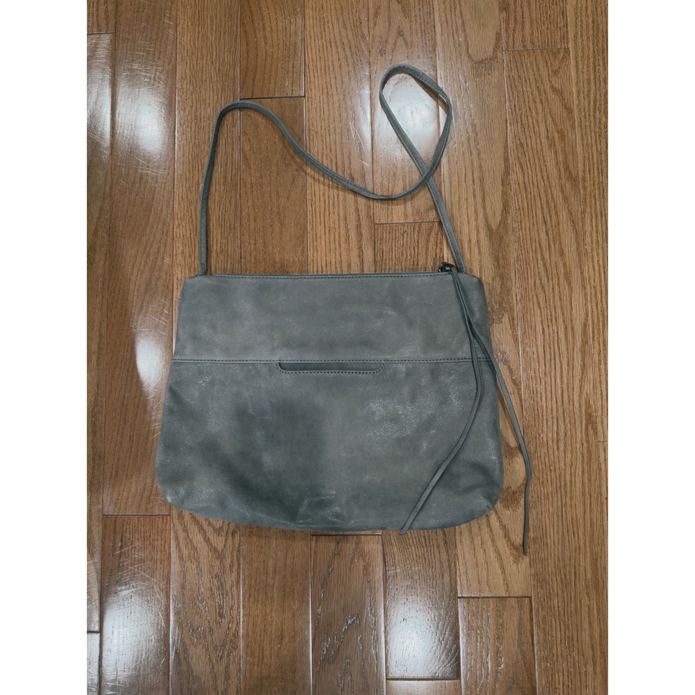 HOBO The Original Grey Distressed Metallic Leather Crossbody Bag Slim Zip Boho